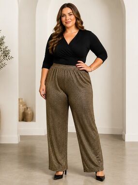 Plus Size Metallic Wide-Leg Pants - Gold